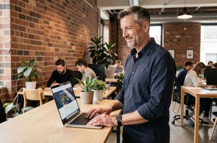 Uomo imprenditore in piedi alla sua scrivania in uno spazio di coworking, mentre crea un sito web professionale