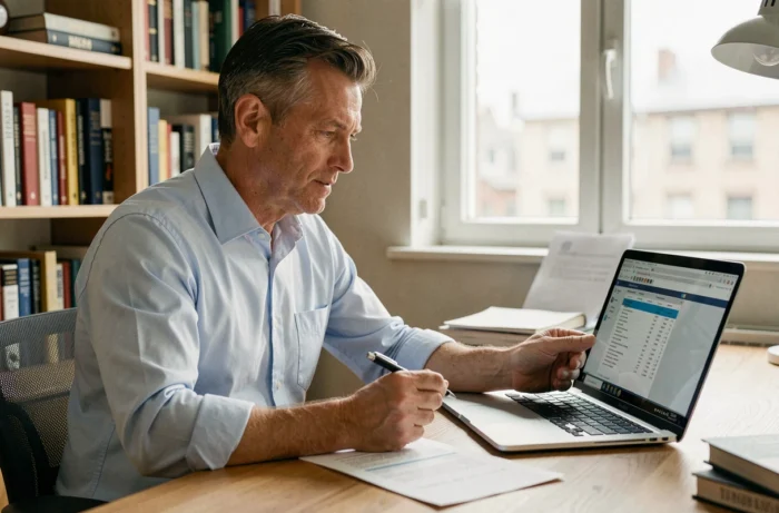 Un homme examine un contrat de crédit à domicile sur son bureau avec un ordinateur portable et des documents financiers