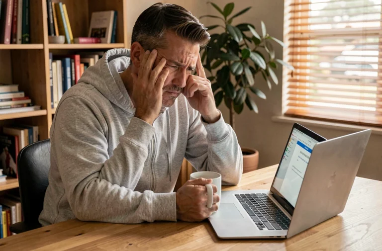Homme frustré devant un ordinateur portable affichant un message d'erreur lors d'une panne de service en ligne