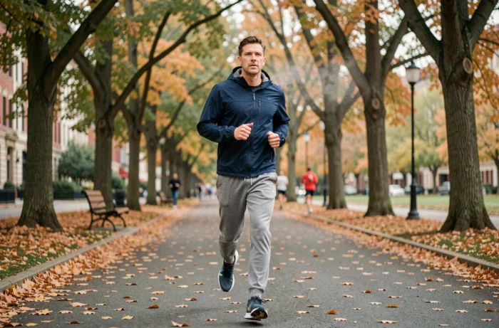 Uomo che fa jogging in un parco in autunno come parte di una routine sportiva per perdere peso