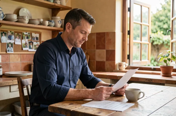 Homme dans la quarantaine assis dans une cuisine familiale authentique, examinant des documents avec une expression sérieuse et protectrice