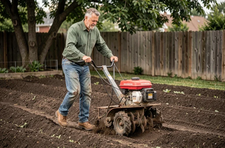 Homme utilisant la motobineuse Honda FG 320 dans un potager résidentiel avec sol fraîchement retourné