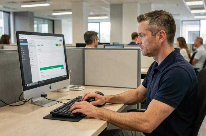 Mann, der ein Online-Hilfsportal nutzt, um einen Ecostart-Umfragecode im Büro wiederherzustellen