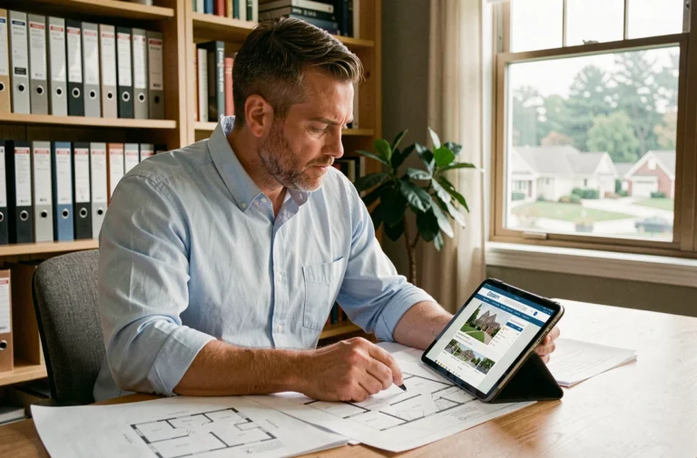 Homme consultant des plans immobiliers et des outils en ligne sur une tablette dans un bureau à domicile