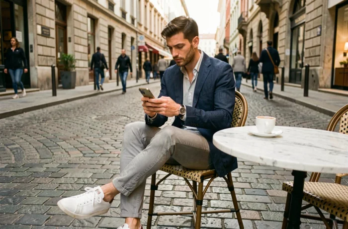 Homme stylé en blazer marine assis en terrasse de café avec une tenue décontractée chic dans une ville européenne