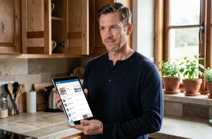 Homme consultant le site Happy Family sur une tablette dans une cuisine familiale, explorant la navigation simplifiée et les sections bien organisées