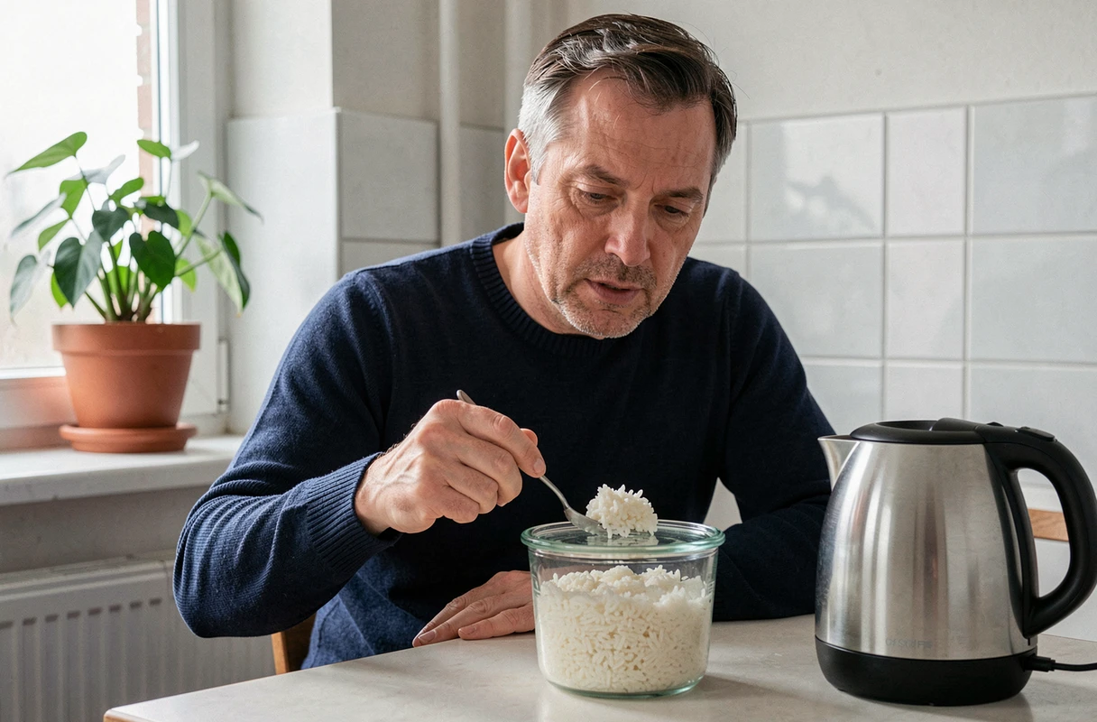 Homme vérifiant la cuisson du riz préparé avec une bouilloire électrique dans un récipient en verre sur une table de cuisine d'appartement