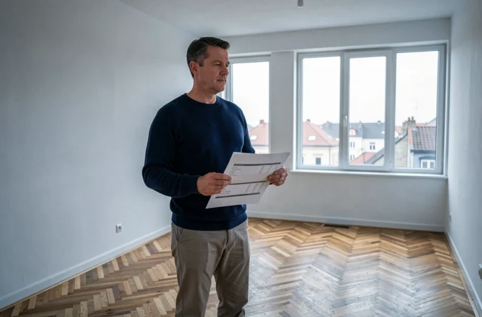 Homme examinant un appartement vide lors d'une visite locative avec une fiche de location à la main