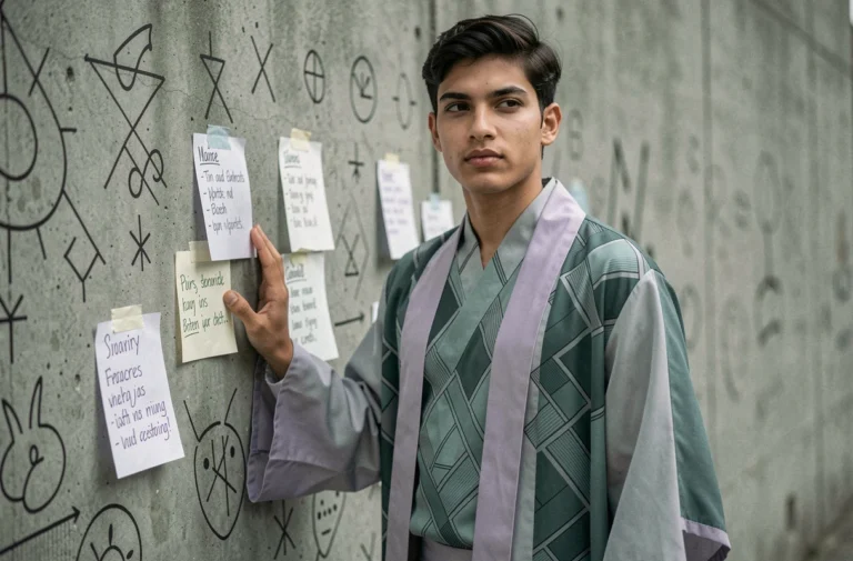 Jeune adulte xenogenre en tenue aux motifs géométriques devant un mur de béton couvert de symboles d'identité personnelle