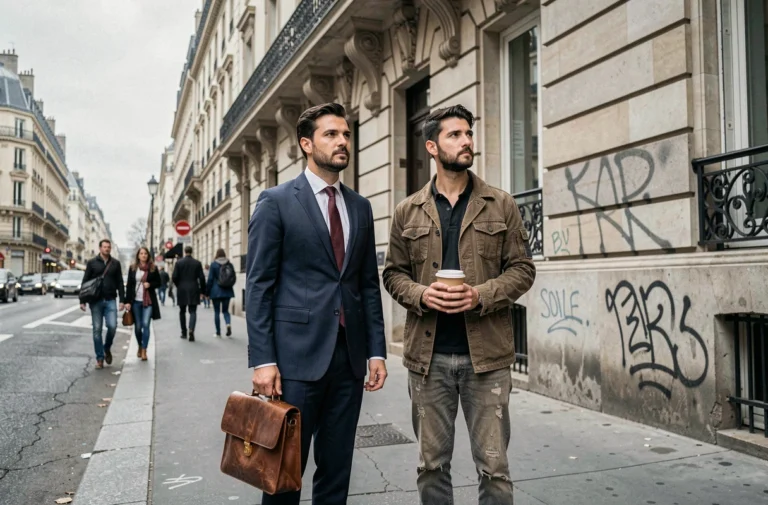 Contraste social dans une rue parisienne entre un cadre en costume et une personne précaire illustrant les inégalités économiques en France