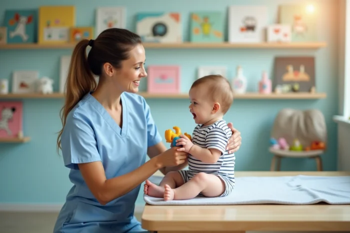 Infirmière pédiatrique accompagnant un bébé assis lors d'une consultation dans une clinique moderne