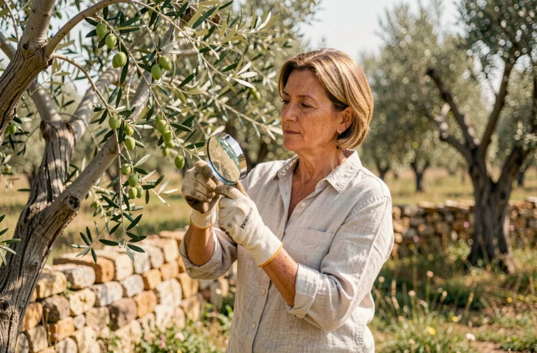Femme inspectant des olives sur un olivier pour détecter la présence de la mouche de l'olive dans un verger provençal