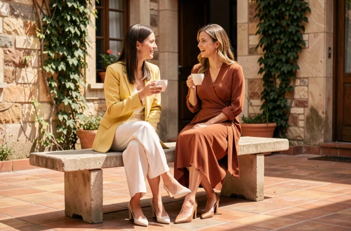 Due donne elegantemente vestite con colori di tendenza che discutono in un cortile soleggiato con muri in pietra