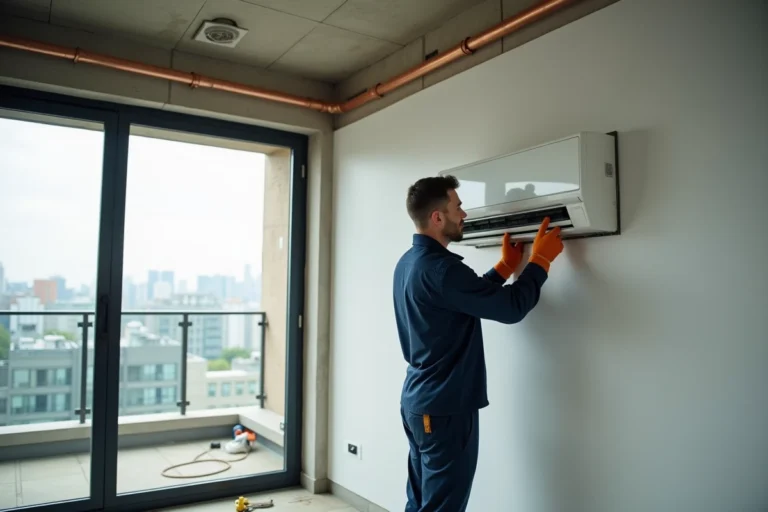 Technicien en train d'installer une unité intérieure de climatisation réversible dans un appartement en dernier étage avec vue sur les toits