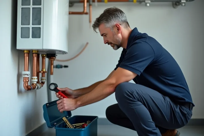Technicien chauffagiste installant une pompe à chaleur murale dans un local technique lors d'une rénovation énergétique résidentielle