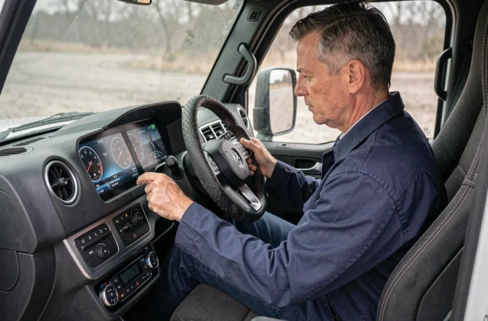 Innenraum des Mercedes Unimog 2025 mit digitalem Armaturenbrett und Techniker, der die Bedienelemente inspiziert