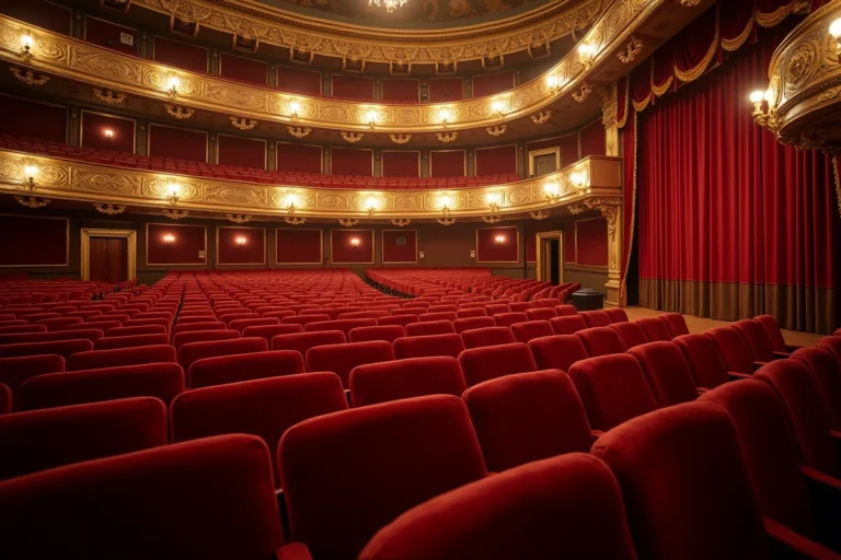 Vue intérieure du théâtre du Palais-Royal avec rangées de fauteuils en velours rouge et balcons dorés avant une représentation