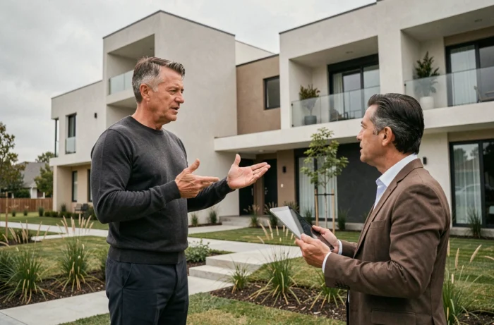 Investisseur immobilier et agent discutant devant un immeuble résidentiel contemporain lors d'une visite de bien