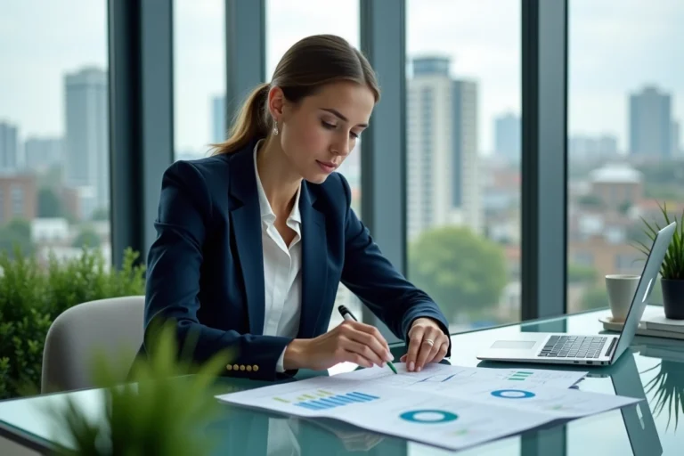 Investisseuse professionnelle analysant des documents sur les ETF ESG dans un bureau moderne avec vue sur la ville