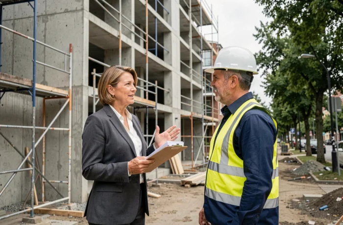 Investisseuse immobilière et entrepreneur discutant d'un projet de construction résidentiel devant un immeuble neuf