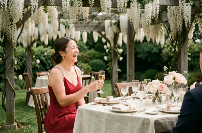 Invitée en robe rouge assise à une table de réception de mariage en extérieur