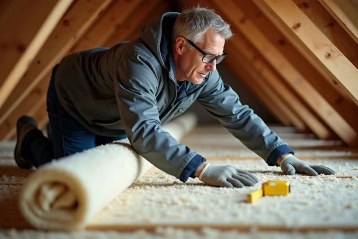 Artisan installant de la laine minérale entre les chevrons d'un grenier lors de travaux d'isolation thermique par l'intérieur