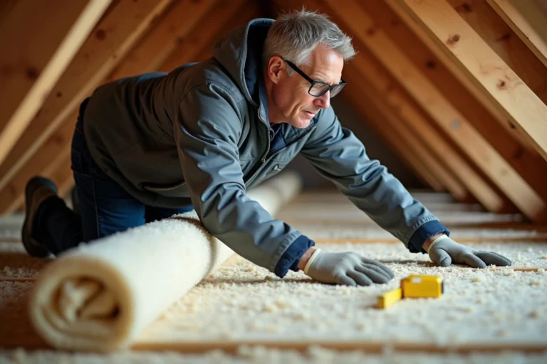 Artisan installant de la laine minérale entre les chevrons d'un grenier lors de travaux d'isolation thermique par l'intérieur