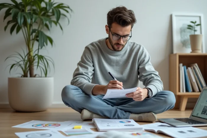Jeune homme analysant des informations sur un ordinateur et des documents imprimés, représentant la démarche d'esprit critique à l'ère numérique