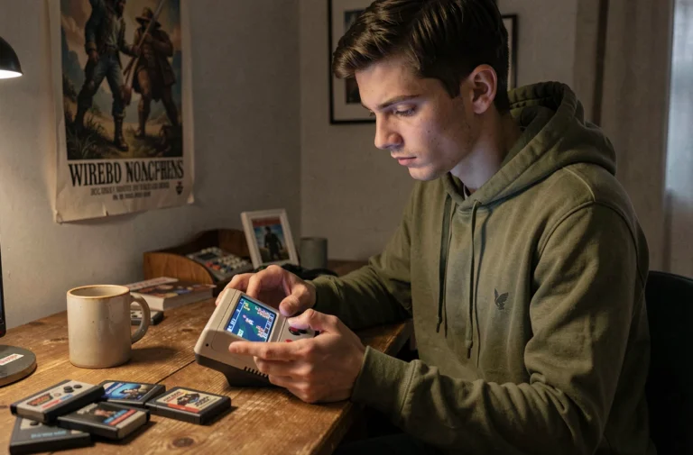 Jeune homme jouant à une ROM Pokémon Nuzlocke sur une console portable rétro dans une chambre gaming atmosphérique