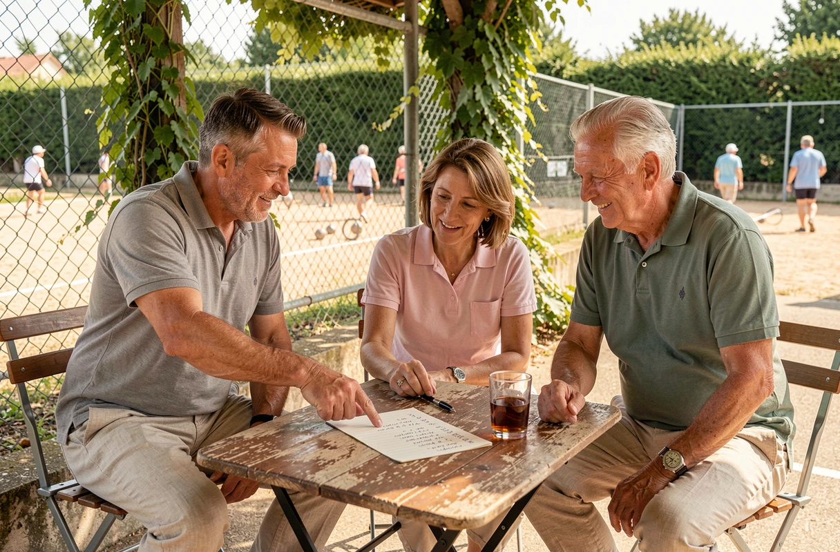 Groupe de joueurs de pétanque consultant une feuille de score manuscrite à une table de club, discussion sur le calcul des points en compétition FFPJP