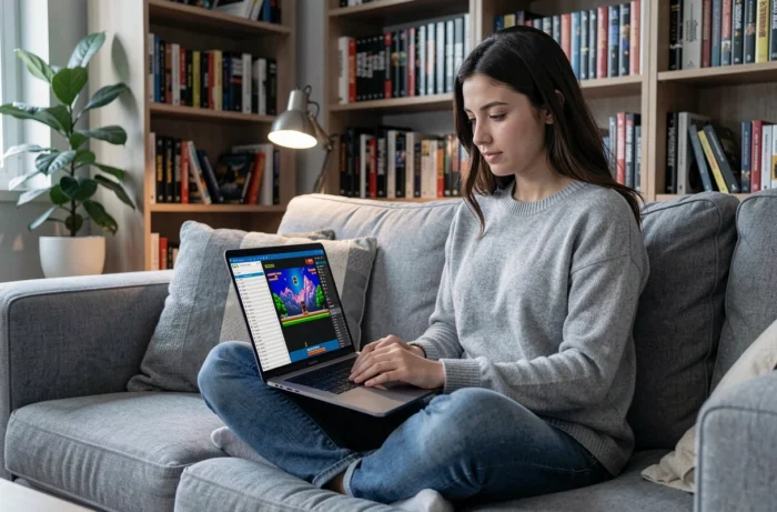 Jonge vrouw die een Nuzlocke Pokémon ROM in het Frans speelt op een laptop in een gezellige woonkamer