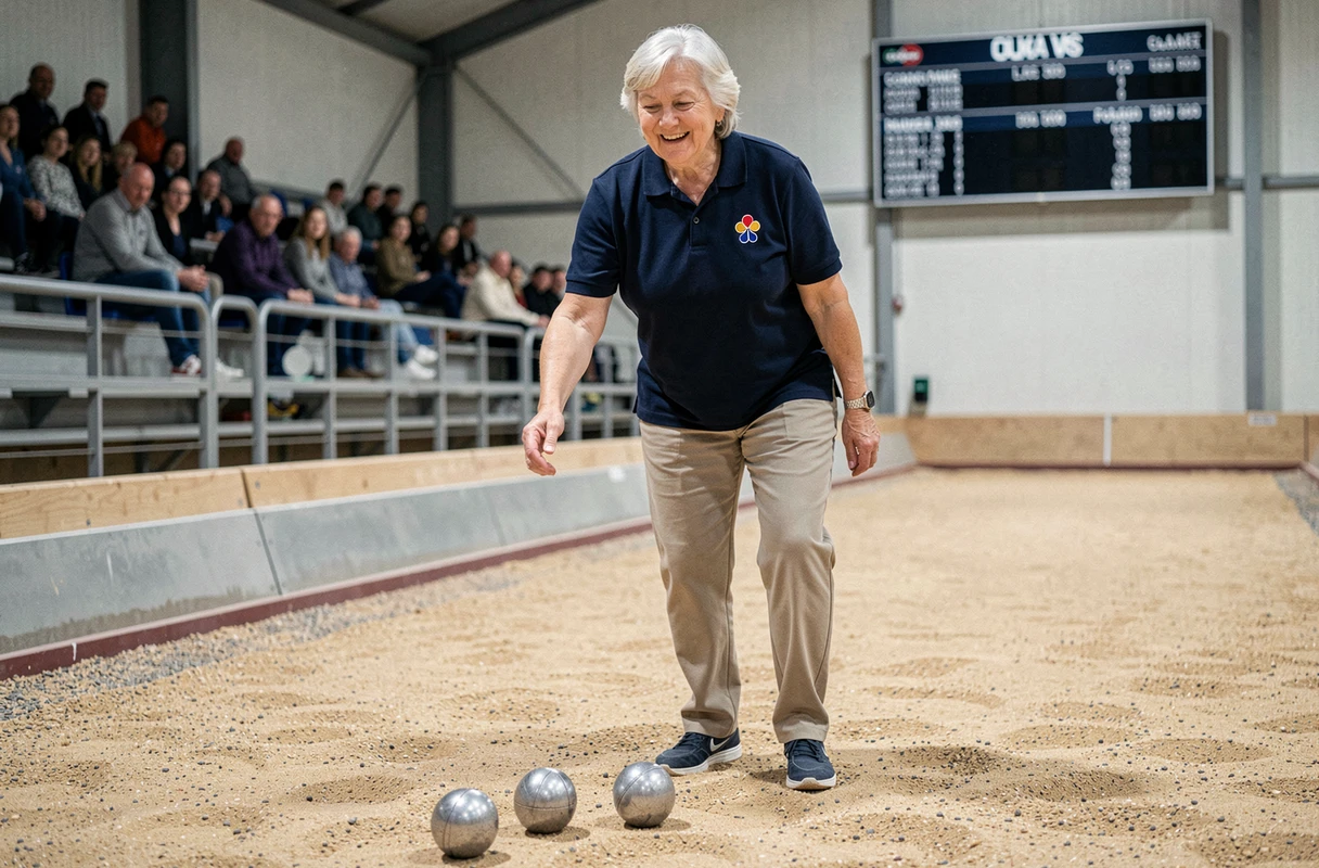 Joueuse de pétanque en compétition officielle FFPJP avec boules proches du cochonnet et tableau des scores visible en arrière-plan