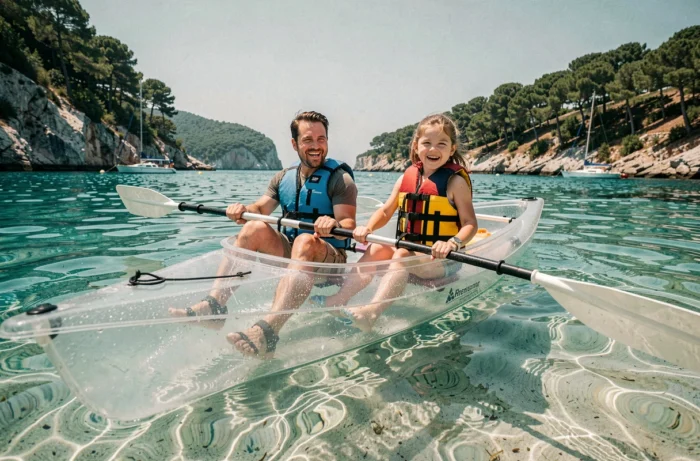 Père et fille faisant du kayak transparent dans une baie méditerranéenne lors d'une activité de voyage en famille
