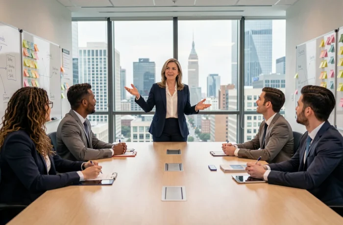 Leader femme inspirante animant une réunion d'équipe dans une salle de conférence moderne avec vue sur la ville