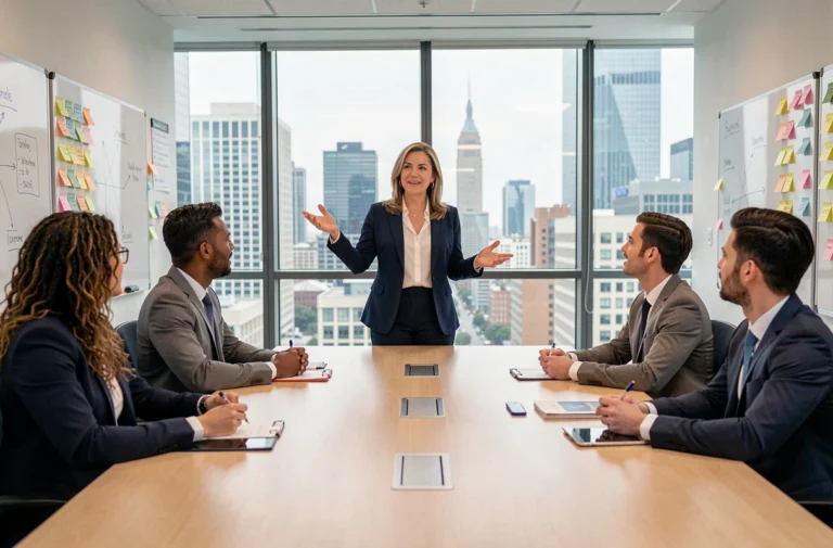 Leader femme inspirante animant une réunion d'équipe dans une salle de conférence moderne avec vue sur la ville