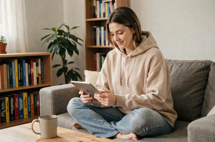 Lectrice envoyant une question ou suggestion à l'équipe de Science Line depuis chez elle sur une tablette