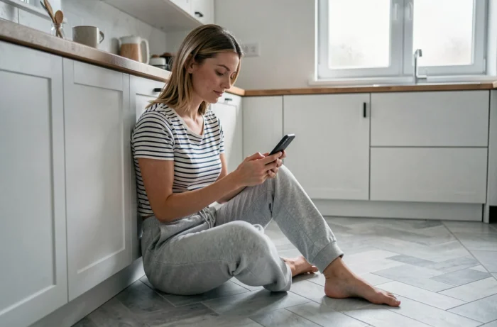 Maman détendue dans sa cuisine moderne consultant les nouveautés du site Mamandouble sur son smartphone le matin