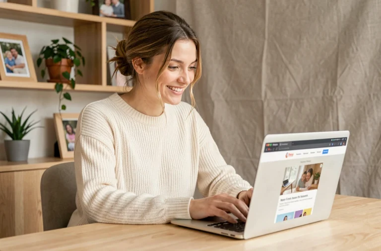 Jeune maman parcourant les nouveautés du site Mamandouble sur un ordinateur portable dans un bureau à domicile chaleureux