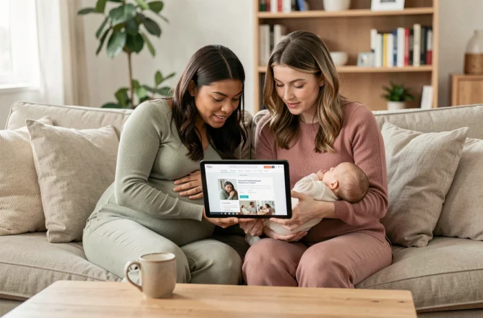 Deux mamans, l'une enceinte et l'autre avec un nouveau-né, consultant ensemble les actualités du site Mamandouble sur une tablette