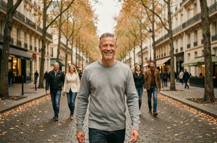 Fernsehmoderator, der im Herbst mit seiner Familie durch eine Pariser Straße spaziert
