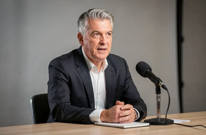 Fernsehmoderator in dunklem Anzug während eines intimen und aufschlussreichen Interviews