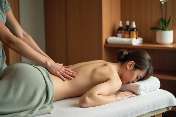 Femme recevant un massage relaxant du dos dans une salle de soin chaleureuse et zen d'un spa professionnel