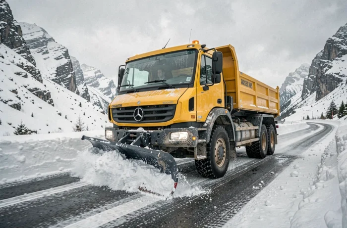 Mercedes Unimog U 5023 mit Schneepflug im Einsatz auf einer verschneiten Bergstraße im Jahr 2025