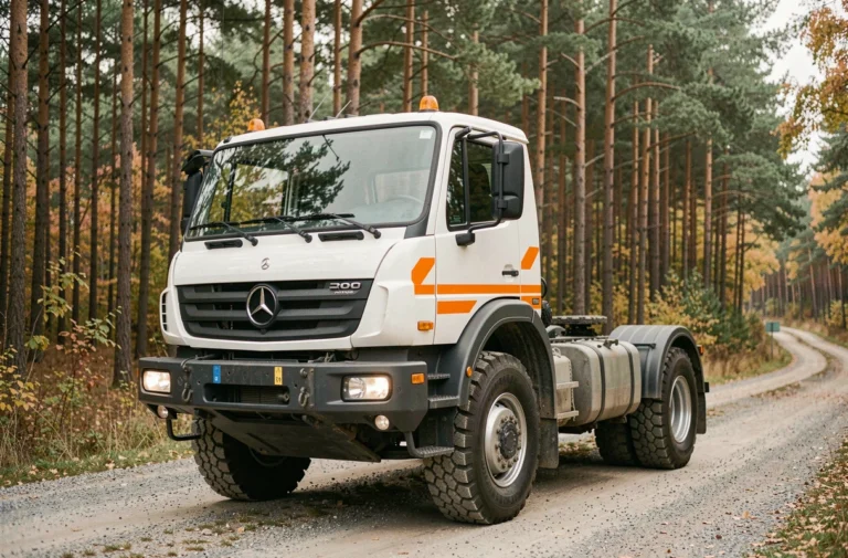 Mercedes Unimog neuf 2025 en configuration cabine avancée, garé sur chemin forestier, vue 3/4 avant sur fond de forêt de pins