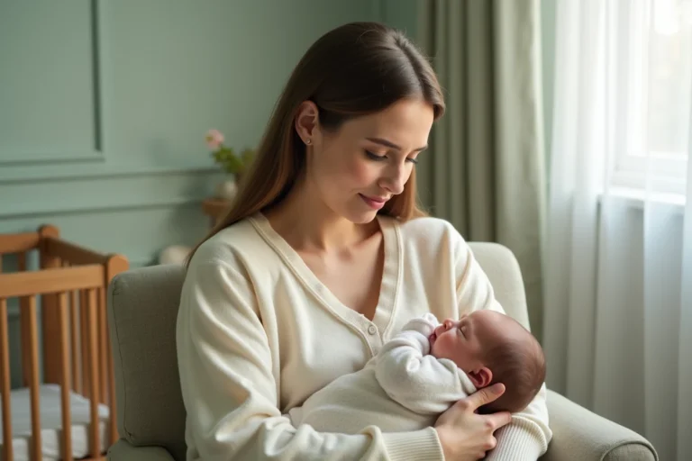 Jeune mère tenant tendrement son nouveau-né dans une chambre de bébé apaisante aux murs vert sauge