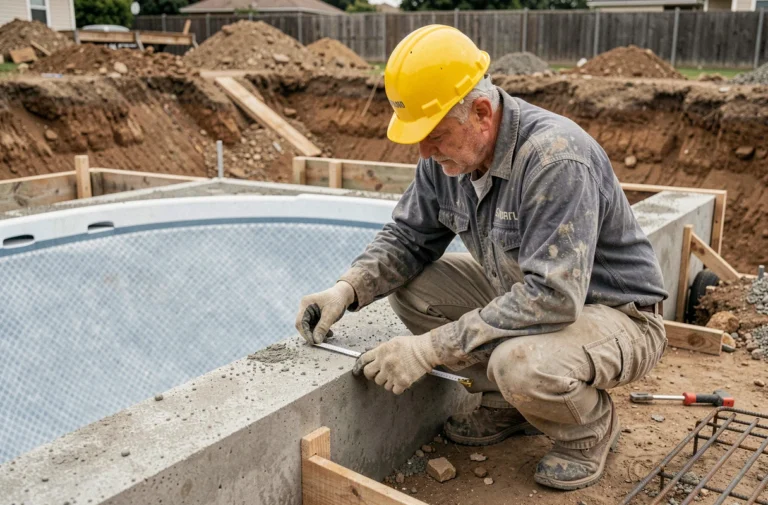 Ouvrier mesurant les dimensions d'une ceinture béton autour d'une piscine coque en polyester lors de la pose