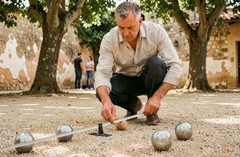 Joueur de pétanque mesurant la distance entre les boules et le cochonnet avec un mètre métallique sur un terrain en gravier, calcul des points FFPJP