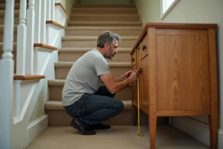 Homme mesurant un meuble avec un mètre ruban au pied d'un escalier résidentiel pour vérifier s'il peut passer