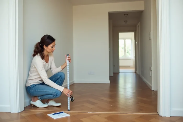 Femme mesurant un encadrement de porte dans un appartement vide avant le jour du déménagement