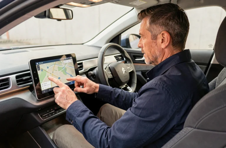 Homme utilisant l'écran tactile du système GPS intégré dans une Citroën C5 pour effectuer une mise à jour de navigation